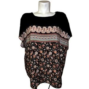 EMERY ROSE Black Floral Paisley Print Boho Tunic Top Womens Size 4XL Work Casual